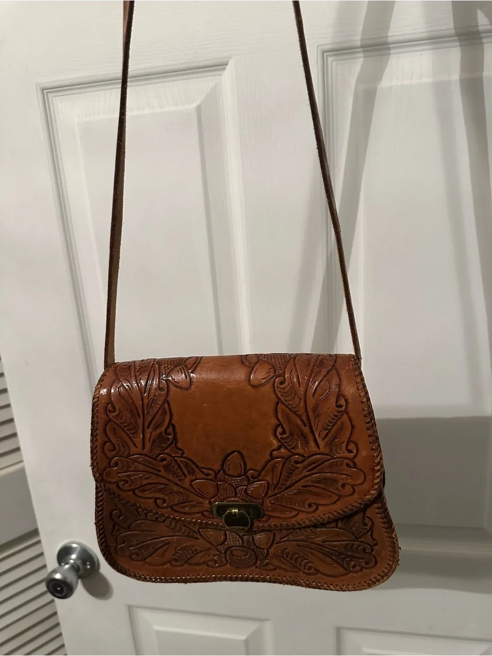 Vintage Hand-Tooled Brown Leather Crossbody Bag